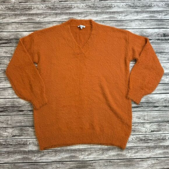 White Birch Women's Oversized Fit Fuzzy V Neck Sweater Burnt Orange M Med Medium - Picture 3 of 13